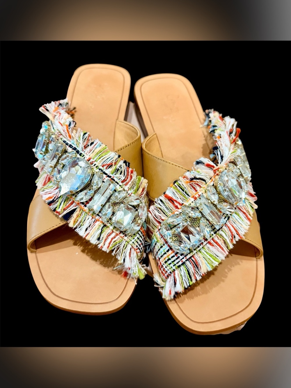 Crown Vintage Tan Slide Sandals with Multicolor Fringe & Crystal Trim